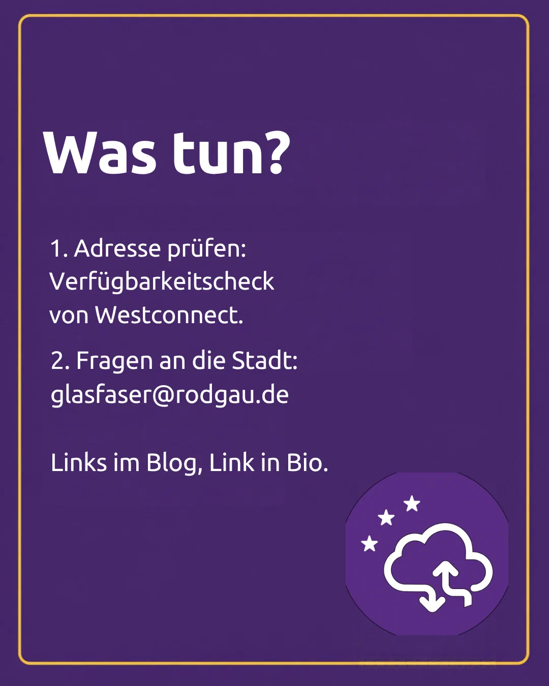 What to do? 1. Check your address: availability check from Westconnect. 2. Questions to the town: glasfaser@rodgau.de. Links in the blog, link in bio.